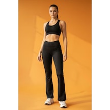 Soft&Basic Kadın Siyah İspanyol Paça Flare Yoga Tayt Pantalon Siyah