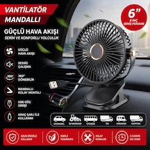 Mandallı Araç İçi Vantilatör 6 İnç 360 Dönebilen Usb Ve Çakmaklık Uyumlu Sessiz Fan