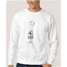 Astronot Balon Ay Baskılı Beyaz Erkek Örme Sweatshirt