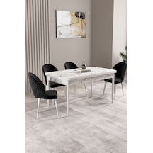 Milas Beyaz Mermer Desen 80x132 Mdf Açılabilir Mutfak Masası Takımı 4 Adet Sandalye Siyah