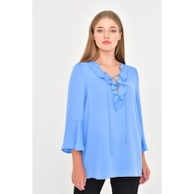 Myline Kadın Önü Ve Kolları Volanlı Bluz 45838 Mavi