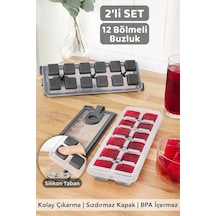 2 Adet Silikon Bas Çıkar Buzluk - 12 Hazneli Kapaklı Yapışmaz Silikon Kokteyl Sunum Buz Kalıbı Gri