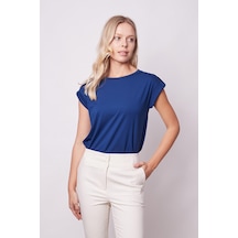 Jument Kadın Kaliteli Likrasız Span Kumaş Geniş Sıfır Yaka Duble Kollu Apoletli Düğmeli T-shirt Bluz-lacivert Lacivert