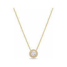 Çekirdekjewelry 925 Ayar Gümüş Sarı Altın Kaplama Tektaş Halo Kolye Zirkon Taşlı Şık Kadın Kolye Sarı
