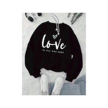 Herkesemoda Love Yazı Baskılı Bisiklet Yaka İçi Polarlı Sweatshirt Siyah