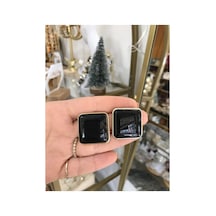 Kare Gold Detaylı Siyah Küpe