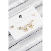 Pirinç Zirkon Taşlı Kelebek Model Gold Renk 925 Ayar Gümüş Çivi Kadın Küpe Set - Tj-bkp11166 Diğer