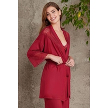 Pierre Cardin 2820 Kadın Penye Dantelli Sabahlıklı Pijama Takım-bordo Bordo