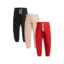 Heyadventure Erkek / Kız Çocuk 3'lü Jogger Eşofman Altı Paçası Lastikli Siyah Kırmızı Bej Siyah-kırmızı-bej