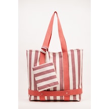 Fabric Craft Bag Plaj Çantası Çizgili Keten Büyük Boy Omuz Çantası 50x40 Cm Çıkarılabilir Cüzdanlı Gülkurusu - Beyaz