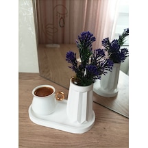 Mini Düz Desenli Beton Saksı Tekli Ve Oval Tabak - Yapay Çiçek Hediyeli - Mor Tomurcuk