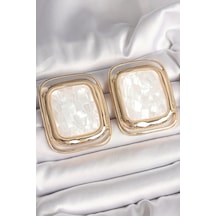 Pirinç Gold Renk Beyaz Mineli Kare Model Kadın Küpe Altın
