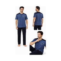 Gk Luxury & Fashıon Sude Erkek Pijama Takımı Kısa Kollu Alt Uzun - A300-05 Ve A301-1173-1 %100 Koton Mavi
