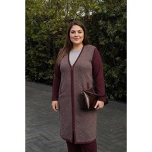 Onno Style Women Desenli Çelik Örgü Triko Uzun Kadın Ceket Bordo