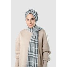 Hürrem Bone Gri Kışlık Kendinden Atkılı Tesettür Bone Jakar Ekoseli 2322 15 Gri