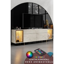 Zenith Gold Demir Ayaklı Rgb Led Işık Sistemli Traverten Tv Ünitesi Tv Sehpası Traverten - Altın