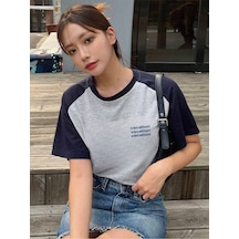 Vocation Parçalı Süprem T-shirt - Gri Lacivert Baskılı Oversize Bisiklet Yaka Kısa Kol Tişört Gri-lacivert