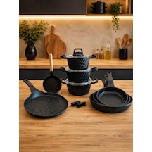 Obsidyen Supreme Set 12 Parça Döküm Granit Tencere, Tava, Krep Tava Ve Sosluk Seti 16-18-20 Cm Derin Tencere 20-24-28 Cm Tava 26 Cm Krep Tava 14 Cm Sosluk Siyah