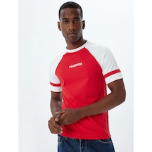 Koton Slim Fit Tişört Slogan Baskılı Bisiklet Yaka Kısa Kollu Biyeli Pamuklu Kırmızı 4sam11094hk Kırmızı