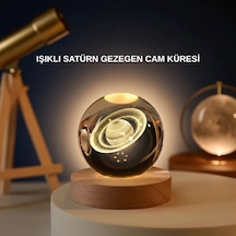 Satürn Gezegenli Kristal Küre Led Lamba Usb Li Ahşap Standlı Siyah