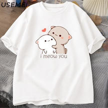 Flood Of Style Komik Kedi Baskılı Tişört Sevimli Bubu Dudu Tshirt Yaz Pamuk Kısa Kollu Tee Kadın Erke Beyaz