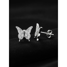 925 Ayar Gümüş Rodyum Kaplama Zirkon Taşlı Minimal Kelebek Çivili Küpe Gümüş