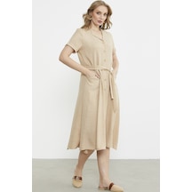Keten Görünümlü Cepli Gömlek Elbise - Bej Bej Keten Görünümlü Cepli Gömlek Elbise - Bej Bej