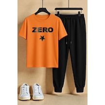 Uyguntarz Unisex Zero Tasarım Baskılı Tişört - 2'li Eşofman Takımı Turuncu