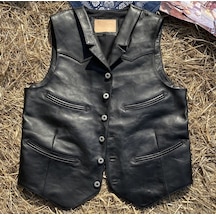 Yakalı Metal Düğmeli Yelek Hakiki Deri