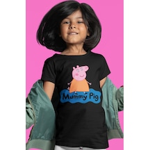 Sevbano Anne Pig Peppa Pig Baskılı Unisex Çizgi Film Çocuk Tişört 1-12 Y Siyah