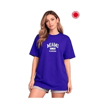 Miami Florida Baskılı Saks Mavi Oversize Tişört - %100 Pamuk Saks Mavi