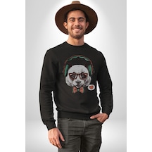 Kulaklıklı Hipster Portre Panda Unisex Siyah Baskılı Sweatshirt Siyah