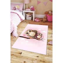 Pembe Kaymaz Tabanlı Yıkanabilir Baykuşlu Bebek Halısı Ar092n11