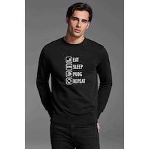 Pubg Eat Sleep Pubg Repeat Baskılı Siyah Erkek Örme Sweatshirt