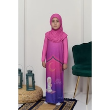 Çocuk Namaz Takımı Pratik Tek Parça Desenli Kollu Tak Çıkar Başörtülü Likralı Tesettür Elbise 6-12 Yaş 925-0201 Koyu Pembe