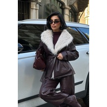 Meecy Kadın Beyaz Kürk Yaka Acı Kahve Deri Mont Ceket Çok Renkli Çok Renkli