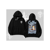 Tarzsokak Coffee Meow Kahve Temalı Kedi Arka Baskılı Kapşonlu Sweatshirt Siyah
