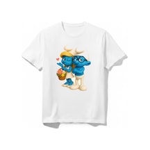 Urbantrendstore Şirinleer Şirine Baskılı Unisex Kız Çocuk Erkek Çocuk Bisiklet Yuvarlak Yaka Basic Kısa Kollu %100 Pamuk Tişört Beyaz