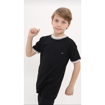 Erkek Çocuk Pamuklu Yakası Kolları Şerit Detaylı Mevsimlik Tshirt-12992-siyah