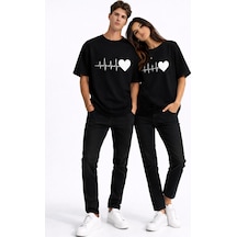 Nevermınd Sevgili Kombini Kalp Ritmi Baskılı Çift Tişört Oversize Unisex Partner Kombin Çift Seti Siyah Siyah