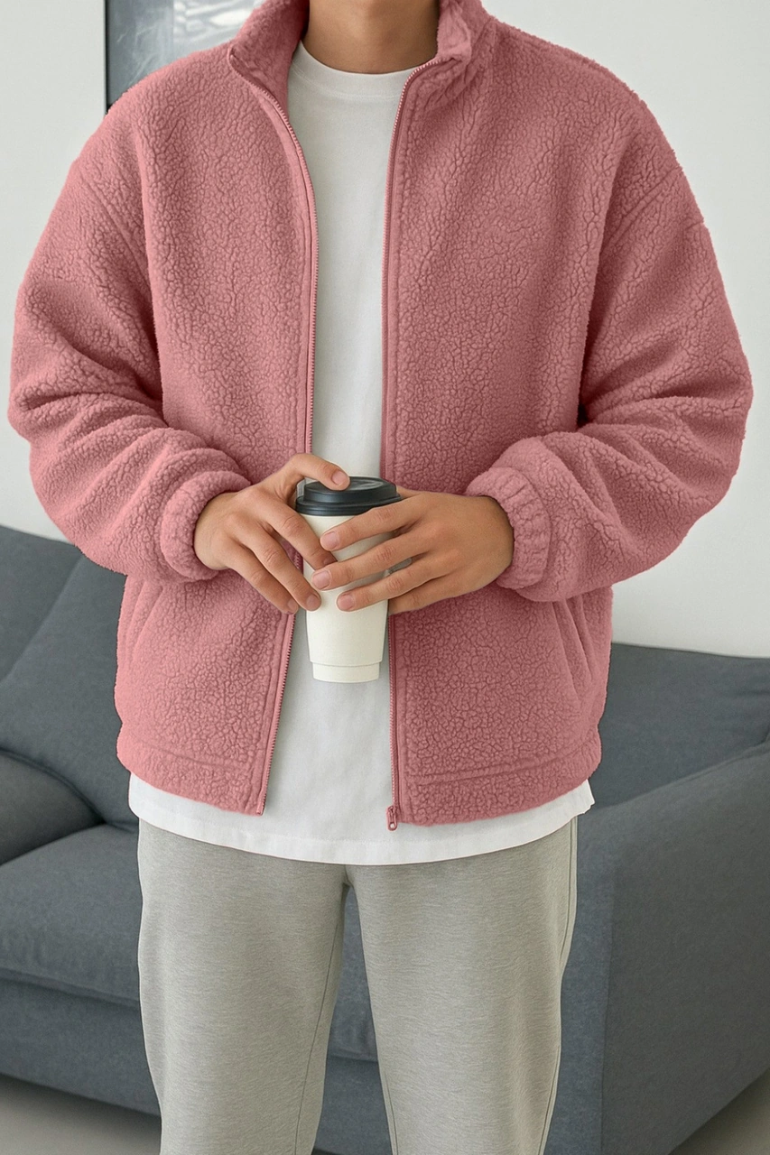 Ghassy Co. Erkek Isı Termal İç Dış Sherpa Sonbahar Kış Tam Fermuarlı Peluş Polar Sweatshirt Pembe