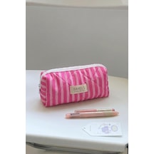 Tr Pembe Çizgili Kalemlik Kalem Kutusu, 19x9x6 Cm, Kapitone Kumaş Genel