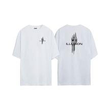 Thewert Unisex Illusıon Ön Arka Baskılı Beyaz Oversize T-shirt