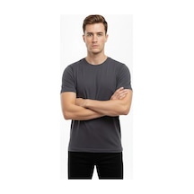 Erkek Bisiklet Yaka Slim Fit Dar Kesim Likralı Tişört - Füme