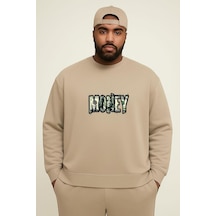 Benroma 3 İplik Penye Money Baskılı Büyük Beden Unisex Sweatshırt Bej