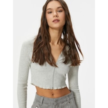 Koton Crop Kapüşonlu Hırka Fermuarlı Uzun Kollu Slim Fit Kaşkorse Gri Melanj 4sal90001ık 4SAL90001IKGRM Gri Melanj