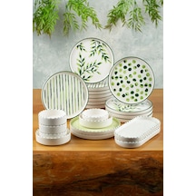 22 Parça 12 Kişilik Greentree Stackable Kahvaltı Takımı Lüx Kahvaltılık Sunum Seti Tabağı Yeşil