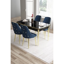 Canisa Tia Serisi, Siyah Mermer 80x132 Açılabilir Mdf Yemek Odası Takımı 4 Lacivert Sandalye Gold Detay Masa Siyah Mermer Desen Sandalye Lacivert