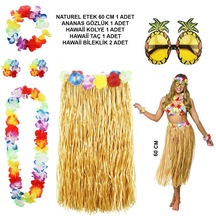 Hawaii Parti Kostüm Seti - 60 Cm Hasır Etek, Çiçekli Aksesuarlar Ve Ananas Gözlük 5691 "