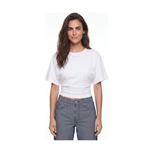 Onloox Kadın Beyaz Beyaz Pamuklu Bisiklet Yaka Yarasa Kol Rahat Kalıp Yanı Büzgülü Gizli Fermuar Detaylı T-shirt